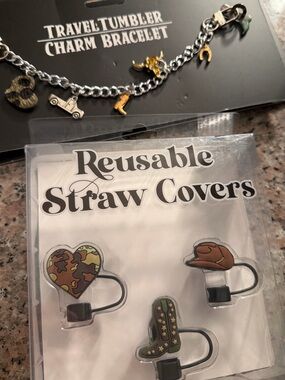 Reusable Straw Covers Set - Camo Heart, Brown Cowboy Hat & Green Cactus charms